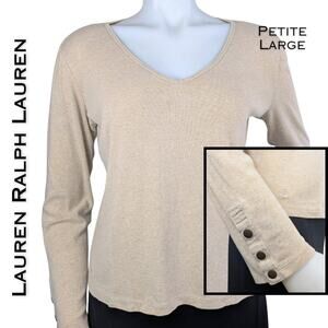 Lauren Ralph Lauren Top Petite Large Beige V Neck Brass Button Cuff Long Sleeve